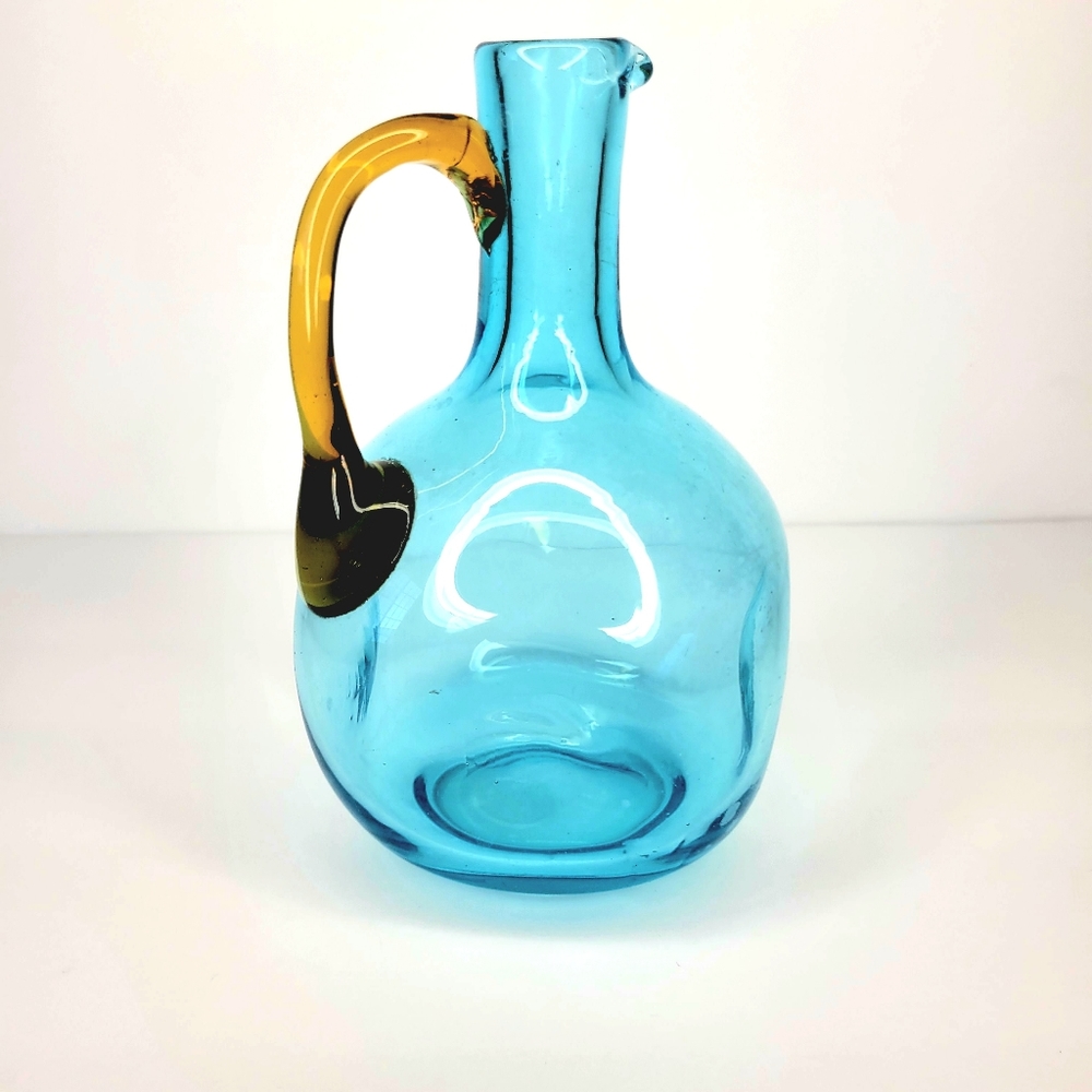 Vintage Blue Blown Glass Cruet with Amber Handle, Thumbprint Sides, Steuben